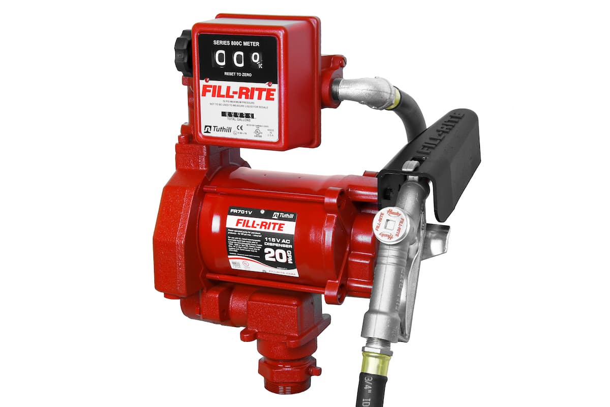 15 GPM, 115V AC 60 Hz Pump, 3/4 in. x 12 ft. Hose, 3/4 in. Manual Nozzle, 807C Gallon Meter 15 GPM, 115V AC 60 Hz Pump, 3/4 in. x 12 ft. Hose, 3/4 in. Manual Nozzle, 807C Gallon Meter