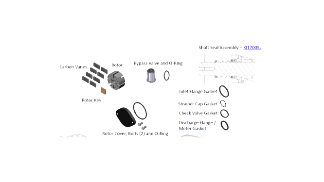 FR700KTF2659 Rebuild Kit for FR700B and FR700V Series Pumps. Contains All Seals and Gaskets, Rotor Cover, Rotor Cover Bolts, Rotor, Rotor Key, Carbon Vanes (8), and Bypass FR700KTF2659 Rebuild Kit for FR700B and FR700V Series Pumps. Contains All Seals and Gaskets, Rotor Cover, Rotor Cover Bolts, Rotor, Rotor Key, Carbon Vanes (8), and Bypass